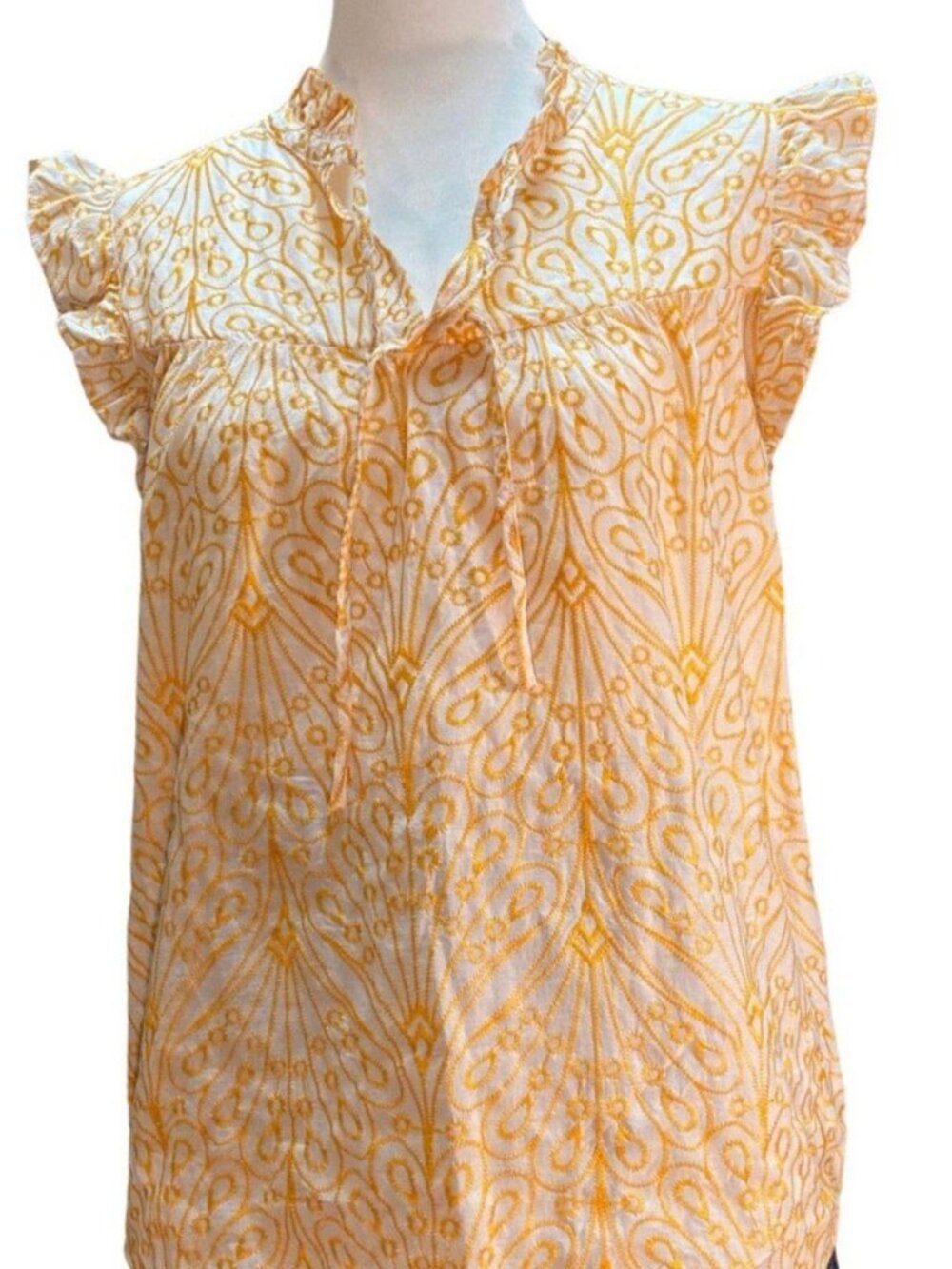 Loft Yellow Embroidered Ruffle Sleeve Baby Doll Top S